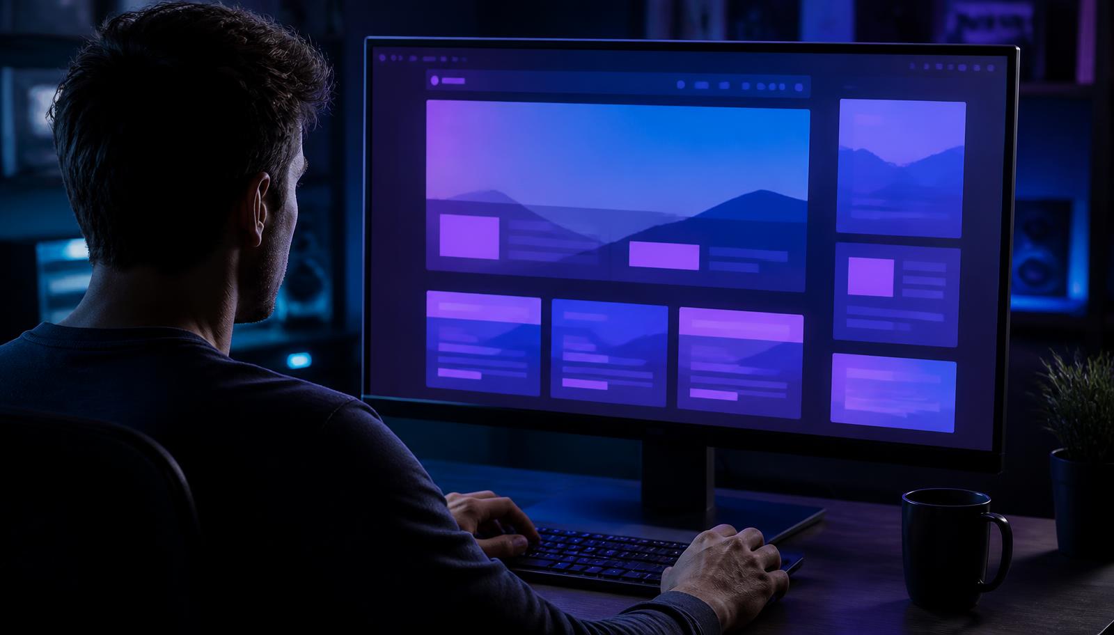 Designer do SiteLab revisando o layout de um site em um monitor de tela grande